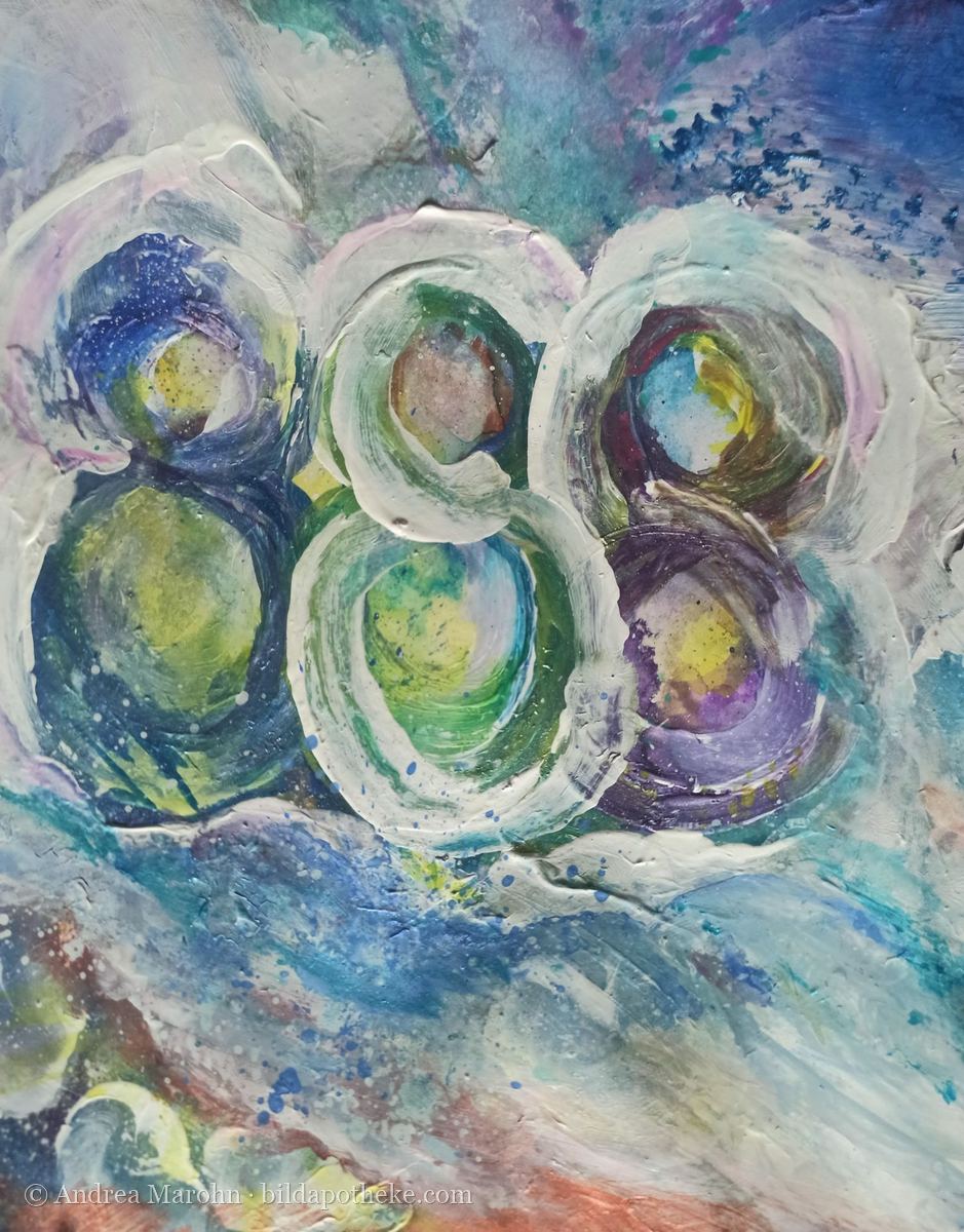 Aquarell: Kreise in Blau und Grün, die zusammen die Zahl 888 bilden