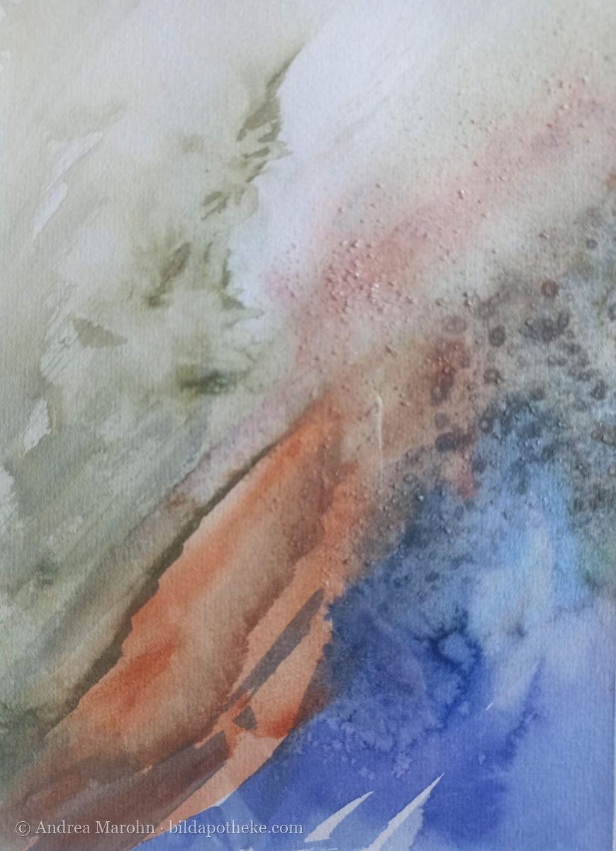 Aquarell: eine ruhige Diagonale aus Olivgrün, Orange und Blau