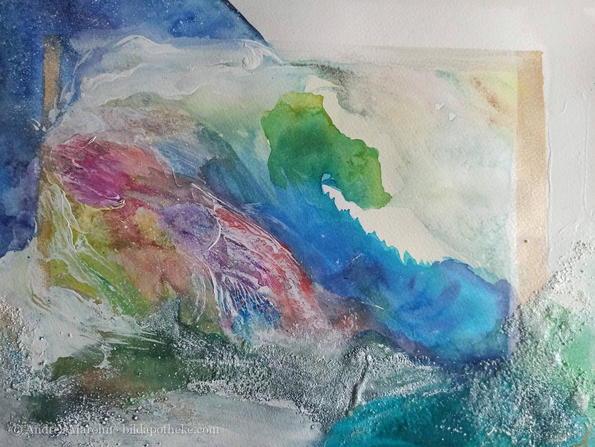 Aquarell: eine bunte Welle, die über einen gemalten Rahmen hinausfließt