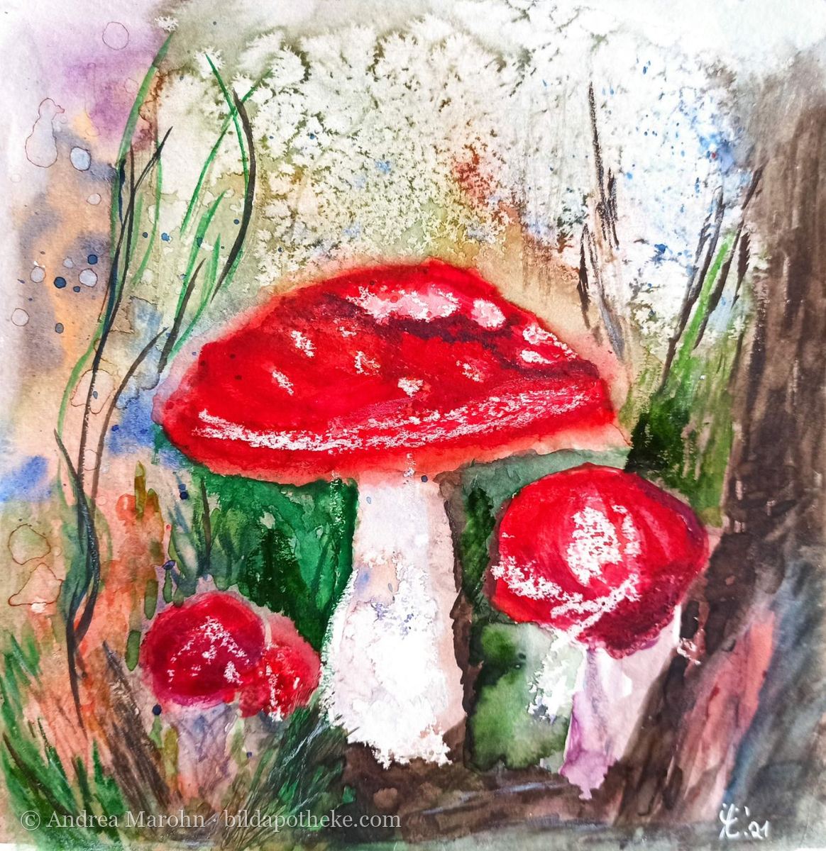 Aquarell: rote Fliegenpilze mit weißen Tupfen zwischen Gräsern und Moos