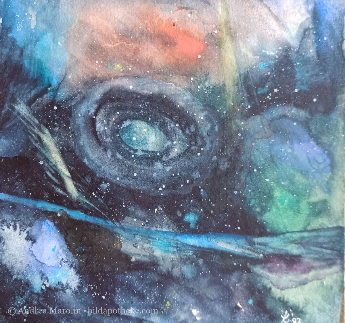 Intuitiv gemaltes Aquarell: ein Sternennebel in Dunkelblau mit hellem Strudel