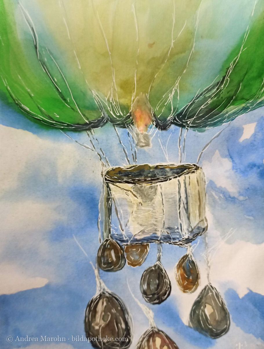 Aquarell: ein grüner Heißluftballon mit Gewichten, die sich lösen, vor blauem Himmel