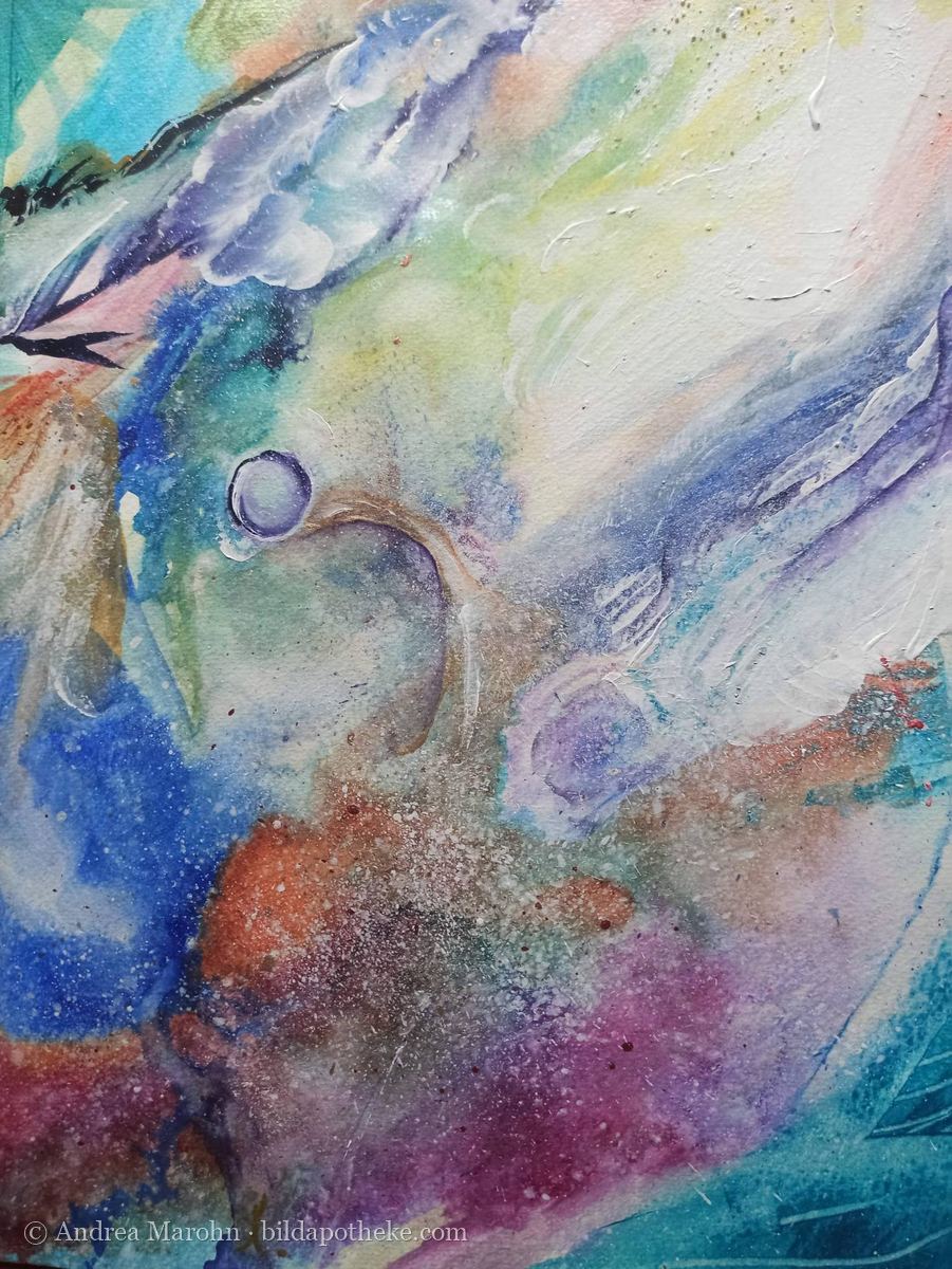 Aquarell: Magenta, Kupfer und Blau mit kleinen schwebenden Kugeln