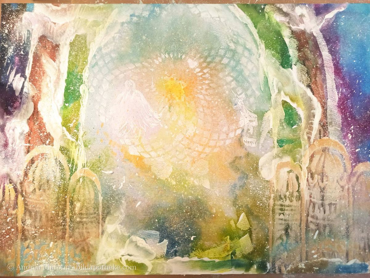 Aquarell: Vorhänge öffnen sich zu einem strahlenden Licht in der Mitte