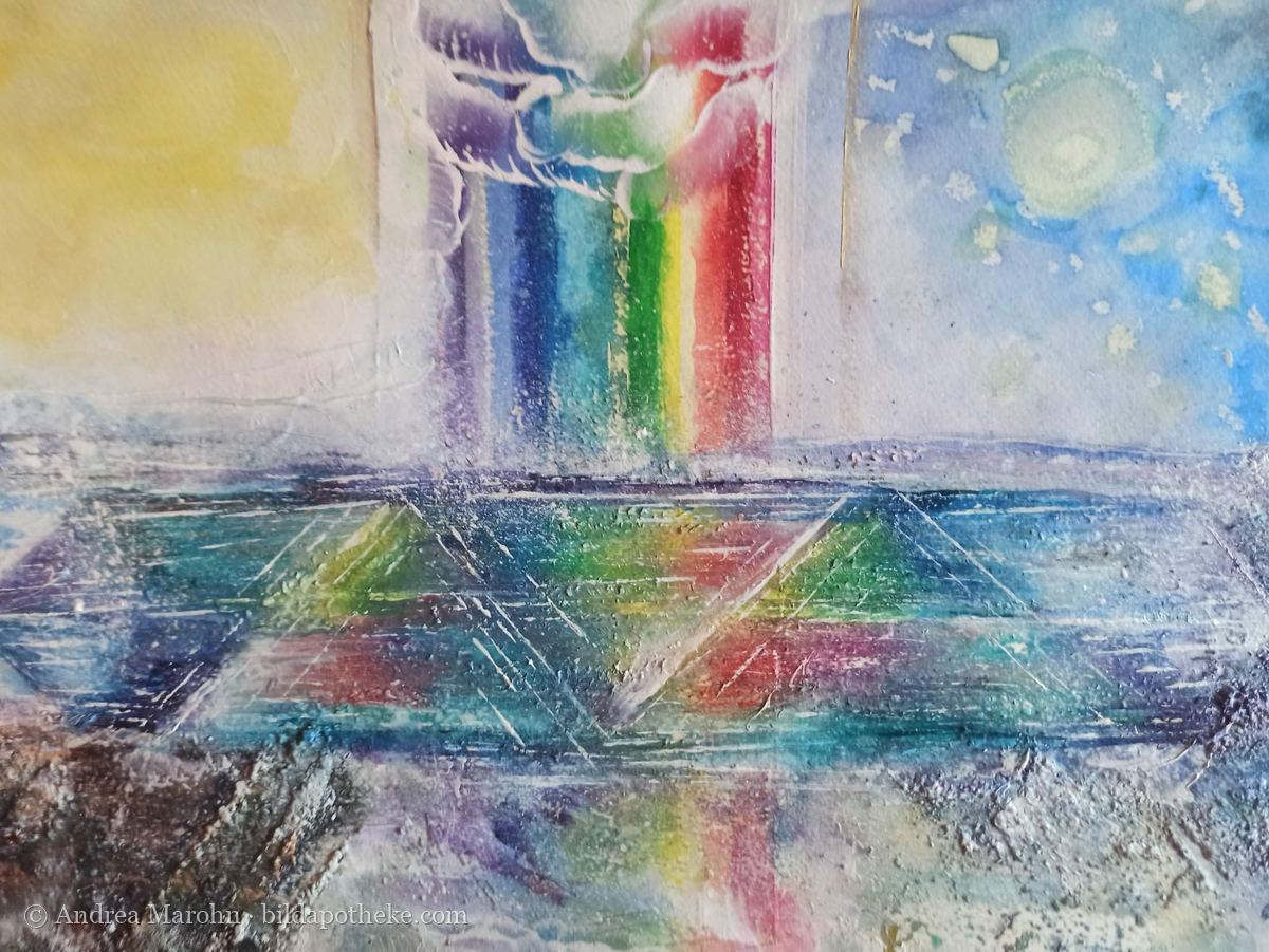 Frequenz-Sequenz-Bild: ein Lichtkreuz mit Regenbogenstreifen in Blau, Weiß und Gelb