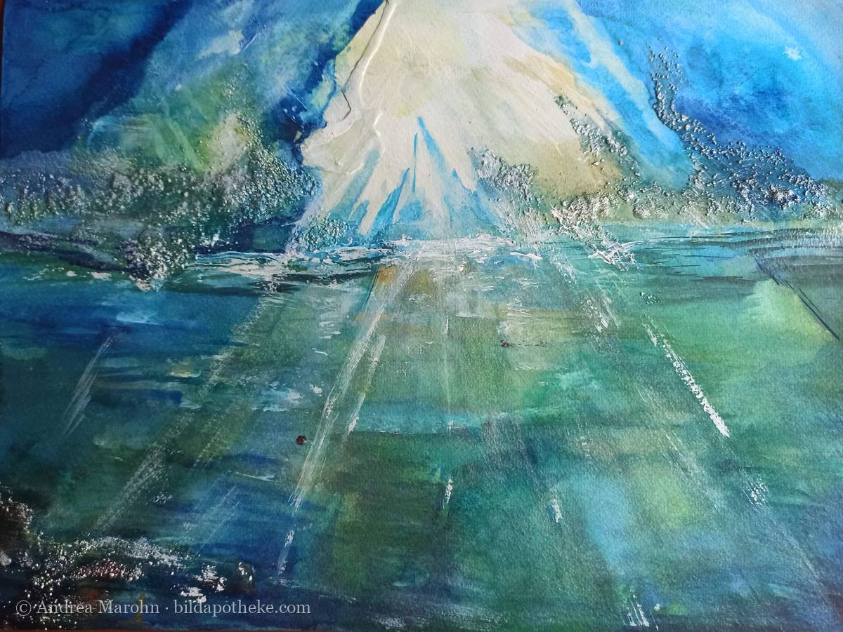 Aquarell: kühles Blau und Grün, durchzogen von einem hellen Lichtstrahl