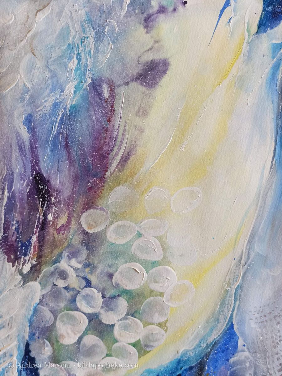 Aquarell: weiße Perlen in einem gelben Lichtstrom, umgeben von Violett und Blau