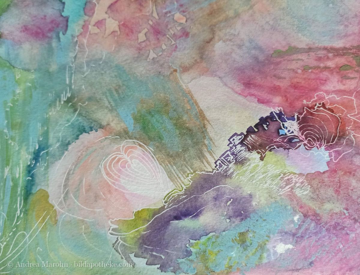 Aquarell: verspielte Formen in Rosa und Türkis mit weißen Linien