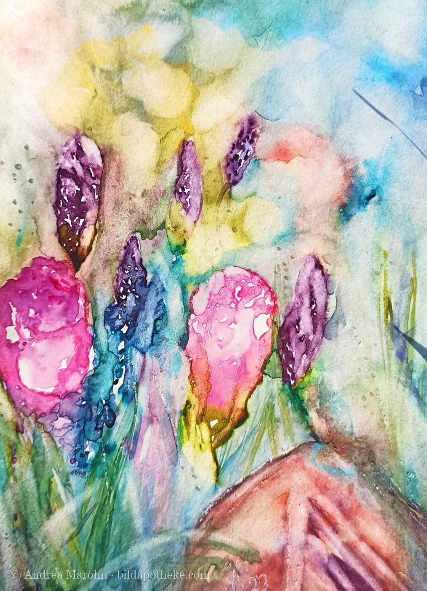 Aquarell „Aus der Schatzkiste der Natur“: eine Wiesenfee zwischen pinken und violetten Blüten