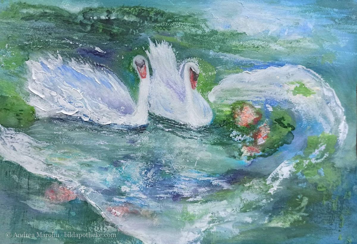 Aquarell: zwei Schwäne, deren Hälse zusammen ein Herz bilden