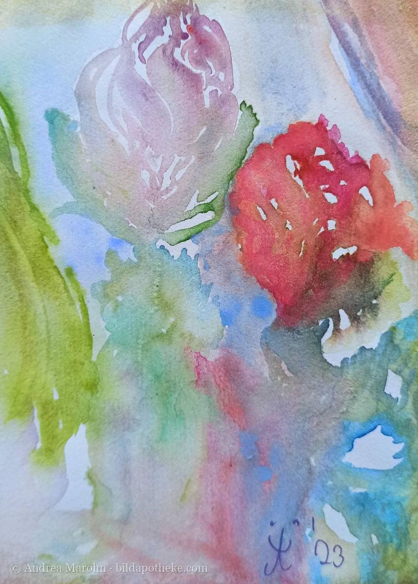 Aquarell: eine Tulpe und eine Rose in Rosa und Rot