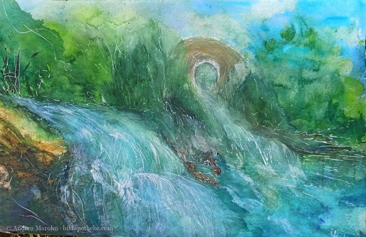 Aquarell: ein Wasserfall strömt durch grünen Wald, darüber ein heller Lichtbogen