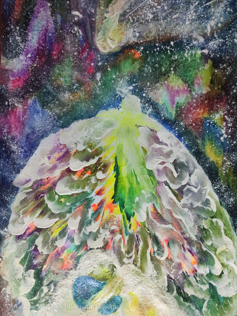 Aquarell: eine bunte Weihnachtsglocke im Sternenstaub