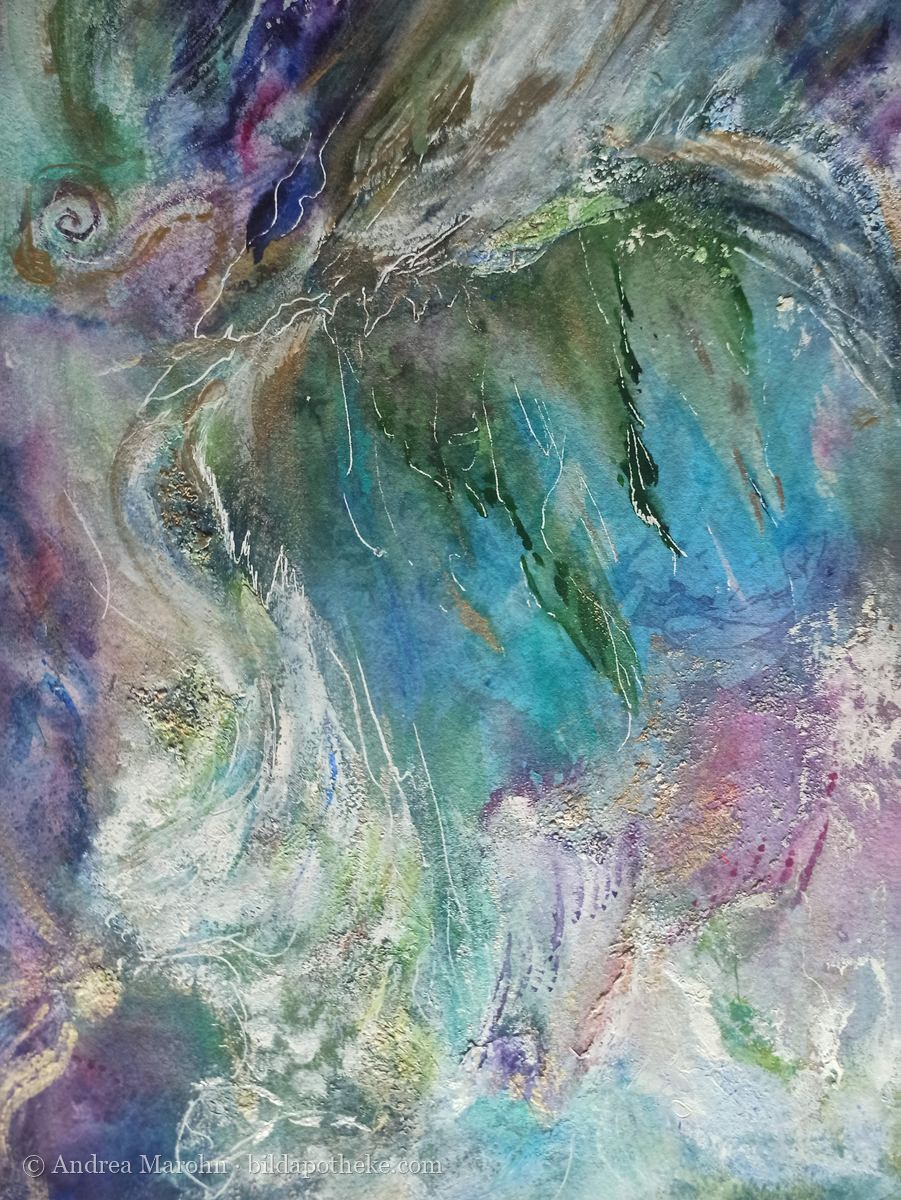 Aquarell: eine Weihnachtsglocke in Türkis und Violett mit goldener Spirale