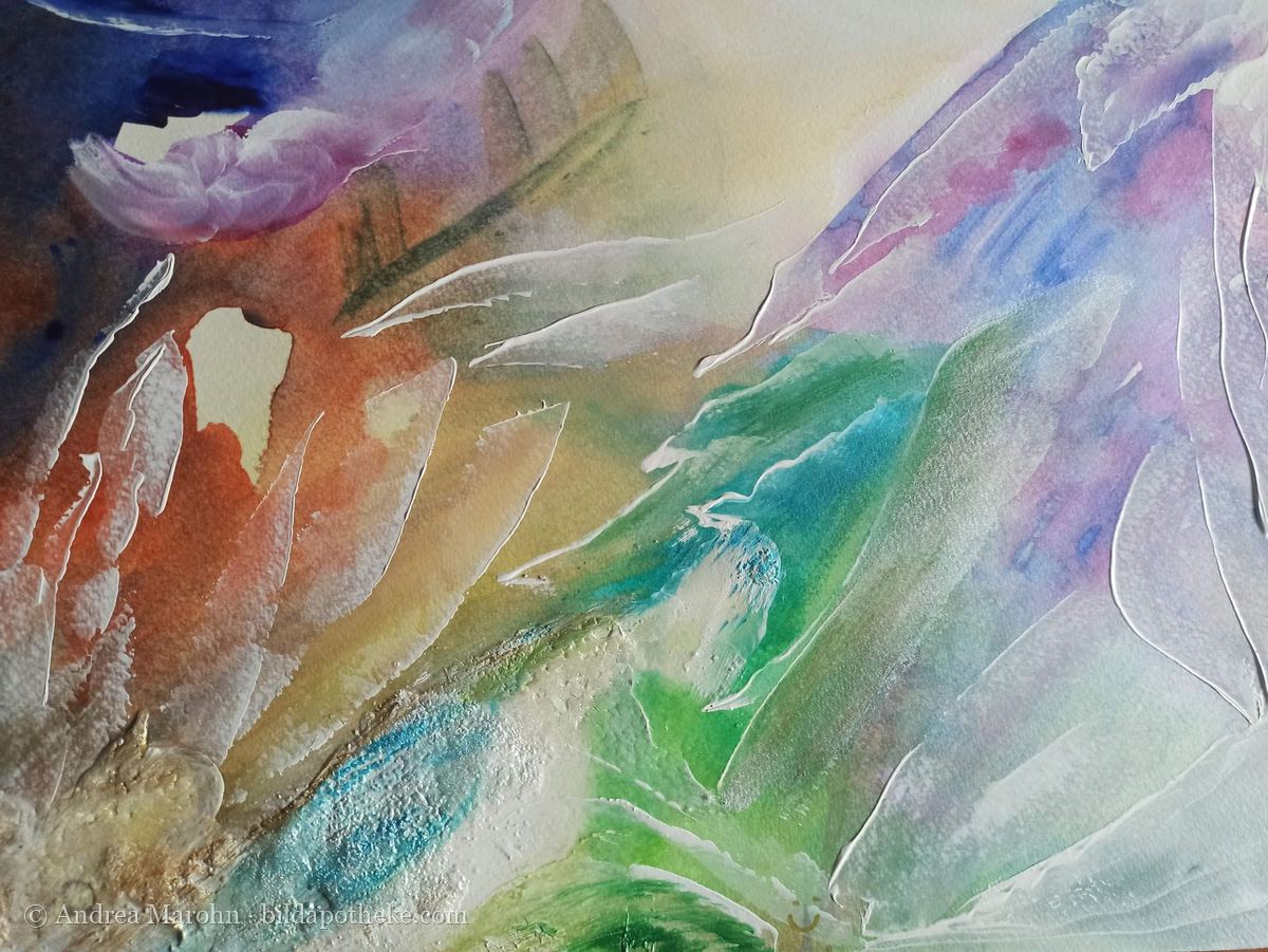 Aquarell: Grün, Orange und Violett mit weißen Linien wie Federn
